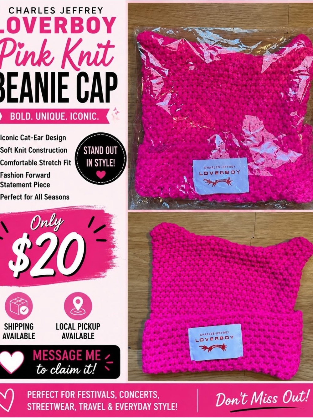Kids Hot Pink Cat-Ear Knit Beanie